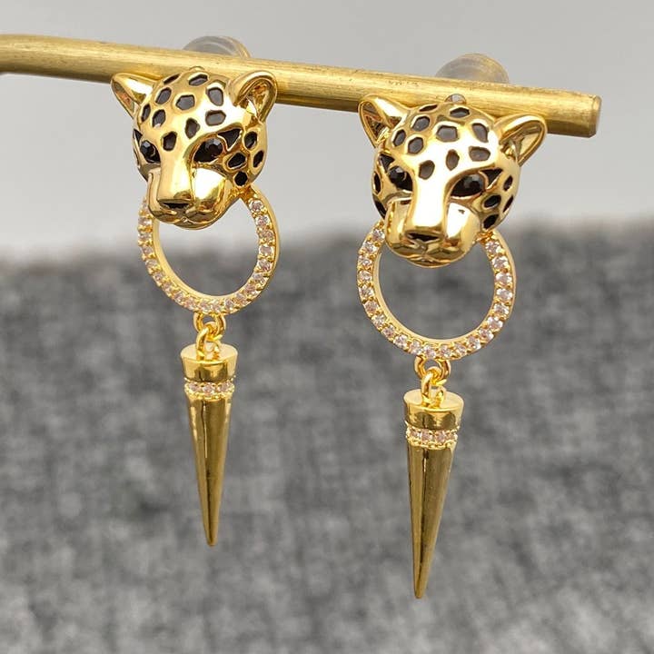 Exquisite Awl Charm Leopard Head Post Earrings for wholesale by Mio Queena