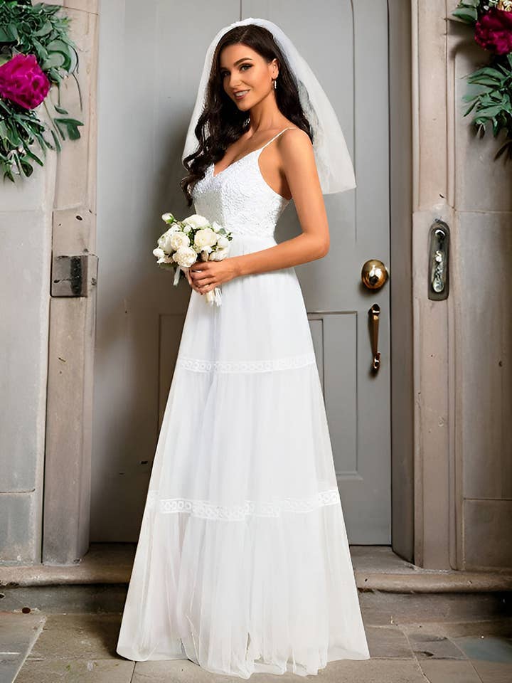 White Spaghetti Straps Mesh Wedding Dress for wholesale on Faire10