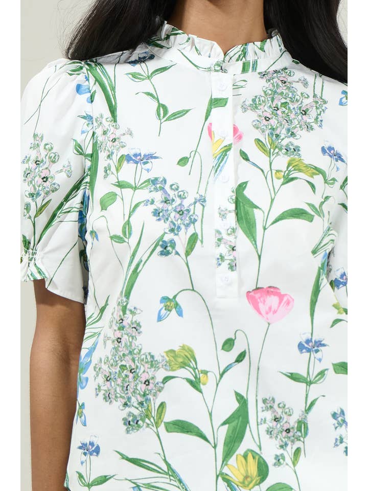 WHT PINK GREEN Clove Garden Floral Puff Sleeve Top for wholesale on Faire