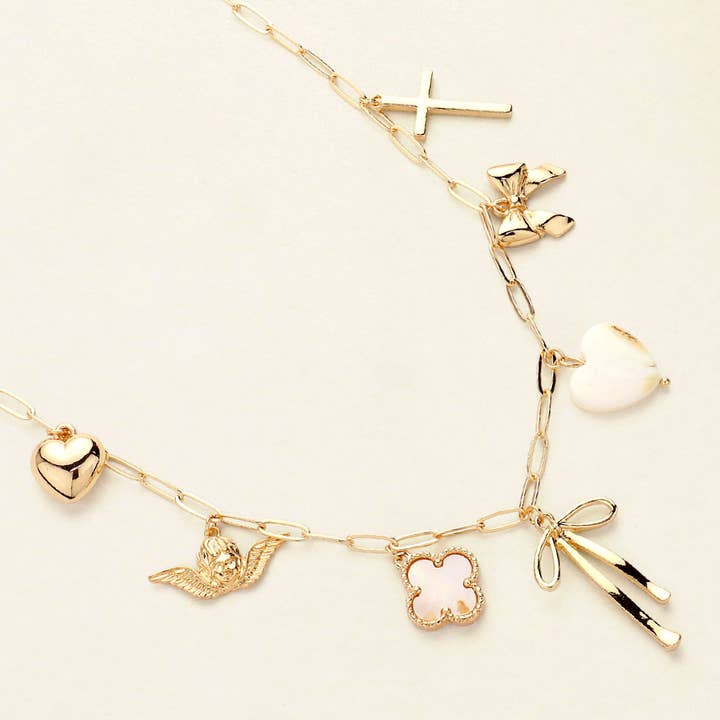 Sensibling Corp. - Wholesale Pendant/Charm Necklace - Bow Heart Cross Quatrefoil Angel Charm Station Necklace