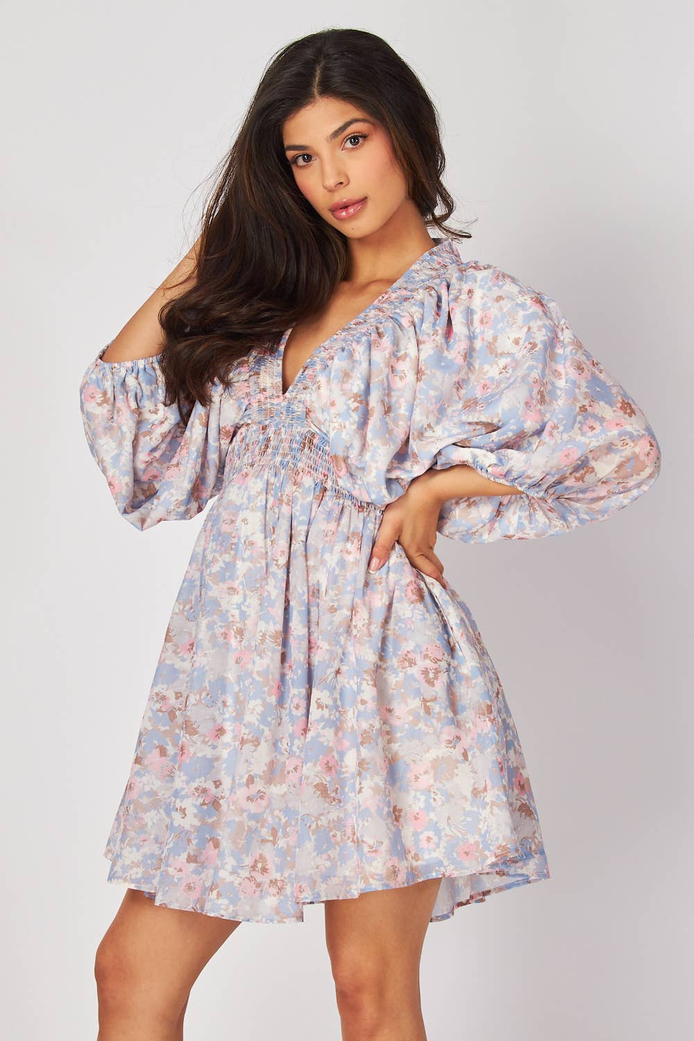 B I G H I T Fashion - Wholesale Dress - Women's - Floral Long Bubble Sleeve V-Neck Mini-Dress HD2574- LAVENDER1