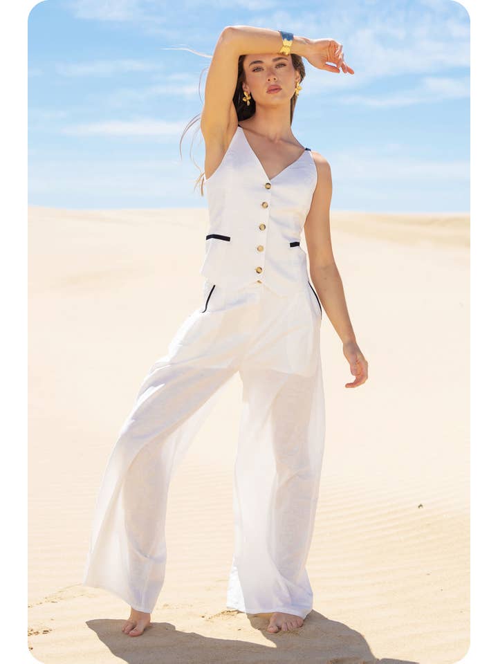 Strut & Bolt - Wholesale Suit Vest - Women's - Button Down Linen Vest With Contrast Piping Detail
