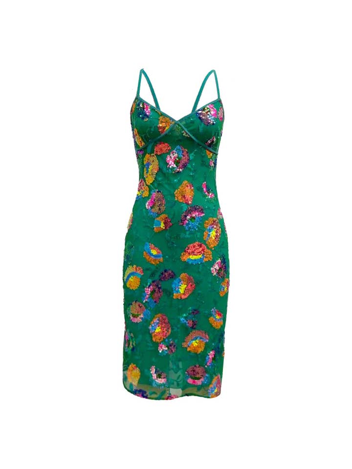 Elsie & Fred – Großhandel Kleid – Damen – Las Dalias Grünes Paillettenkleid1