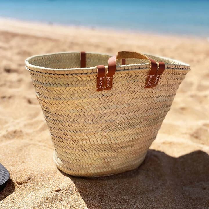 HandmadeBestSeller – Großhandel Strandtaschen – FRANZÖSISCHER KORB mit doppelten flachen Ledergriffen, Korbtasche5