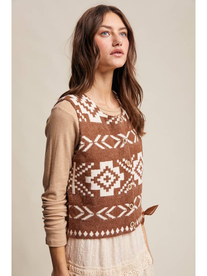 Listicle - Wholesale Sweater Vest - Women's - Southwestern Button-Up Vest LSW097728