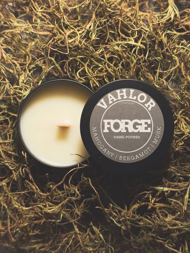 FORGE – Mahogany, Bergamot & Musk Candle, Wood Wick, 4 oz for wholesale by VAHLOR COMPANY