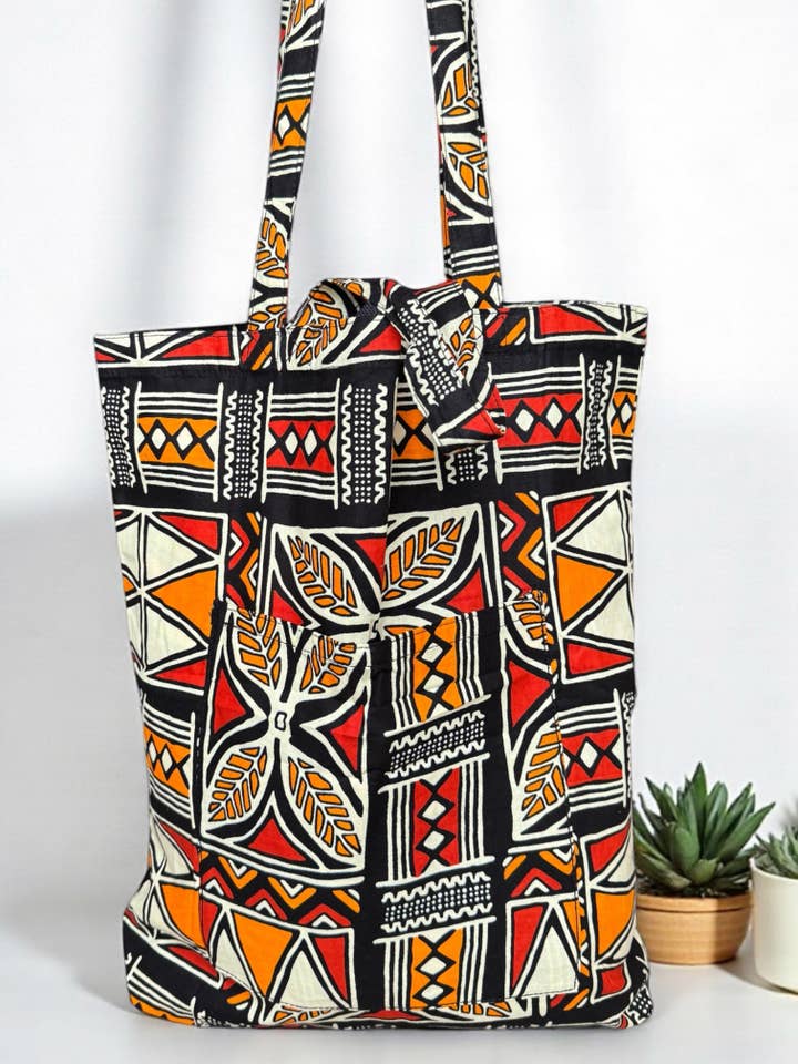 Shopper bag with African print - Orange - Reusable Cotton Tote Bag for wholesale by AfricanFabs