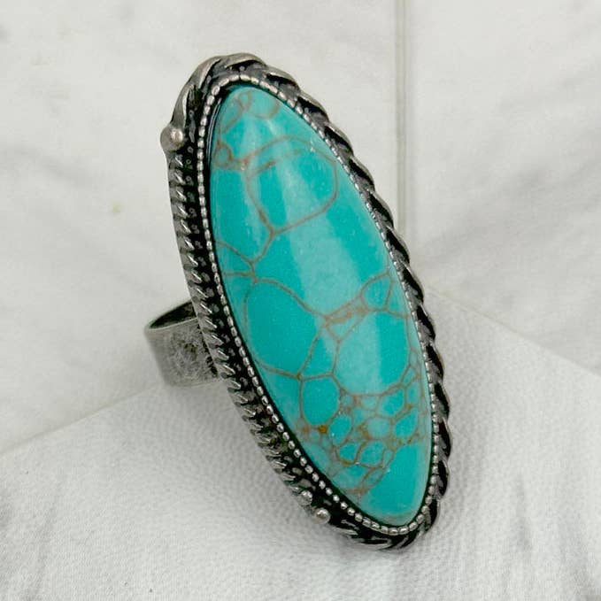RZ231205-101 Silver metal with blue turquoise oval stone adjustable Ring for wholesale by Western Elite Jewelry