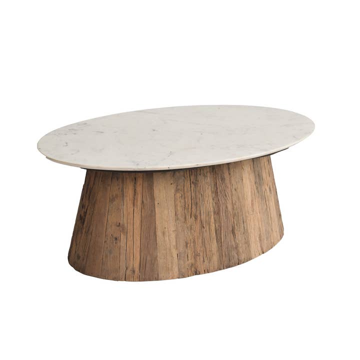 Oval Wood Coffee Table with Marble Top H 18" & Dia 28" for wholesale on Faire4