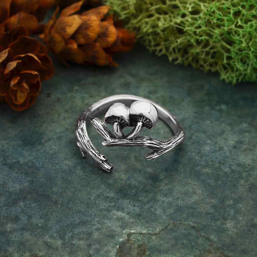 Nina Designs - Vente Bague de cocktail/de cérémonie - Bague réglable en argent sterling ou bronze avec branche et champignons7