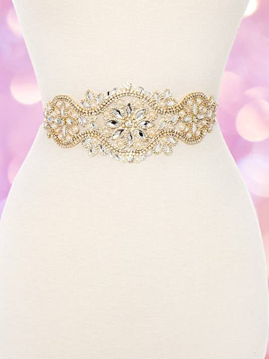 CRYSTAL AND PEARL FLORAL SASH BELT for wholesale by Andrea Bijoux