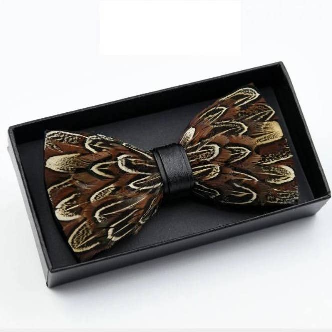 Handmade Brown Feather Bow Tie W/free Lapel Pin Set for wholesale by TYED BY DEDE