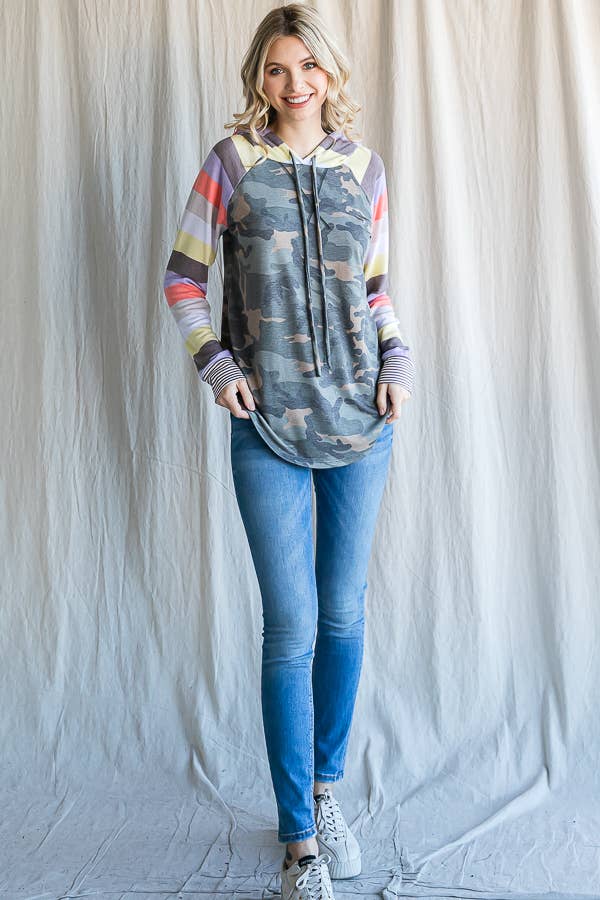 7th Ray - Wholesale Hoodie - Women's - Camo Print Stripe Raglan Sleeve Drawstring Hoodie T454918