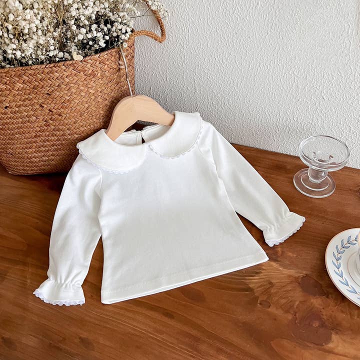 Autumn Arrival Girls Peter Pan Collar Long Sleeves Solid Color Top White Shirt for wholesale by MyKids-USA®
