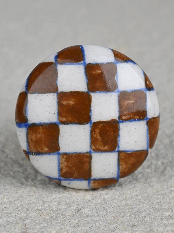 Brown And White Checkerboard Ceramic Blue Pottery Knob for wholesale by KNOBCO