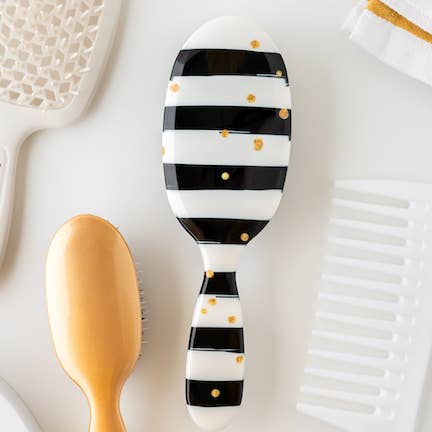 Detangling Boar Bristle Hairbrush - Black & White Stripes for wholesale by Rock & Ruddle