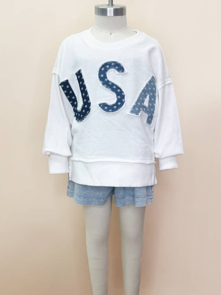 White Kids Washed USA Star Logo Patch Sweatshirt for wholesale on Faire