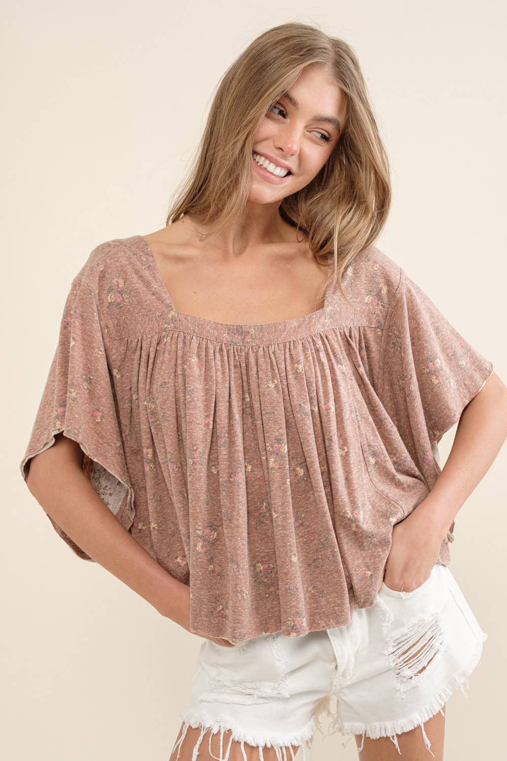 LIGHT OLIVE 22105T - Garment Washed Shirred Crop Jersey Knit Top for wholesale on Faire7