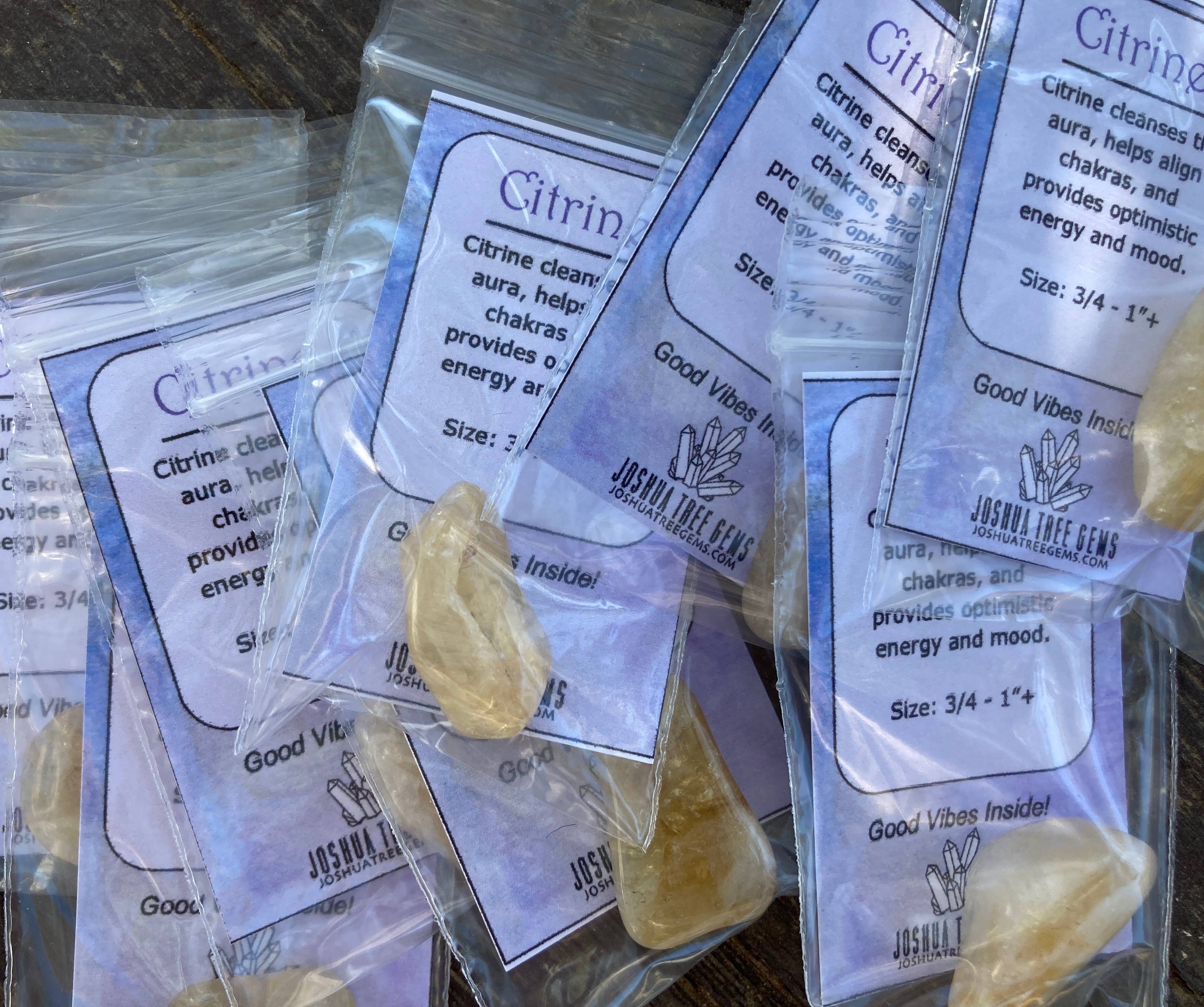 Joshua Tree Gems - Venta al por mayor Piedras/cristales espirituales - Citrino (grande) mezclado con tarjeta de propiedad metafísica2