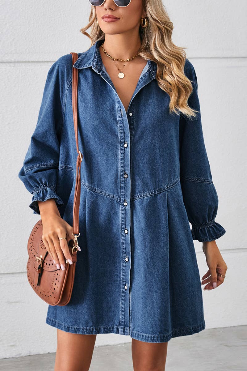 Lily Clothing - Wholesale Dress - Women's - Loose wash long sleeve denim single breasted short dress3