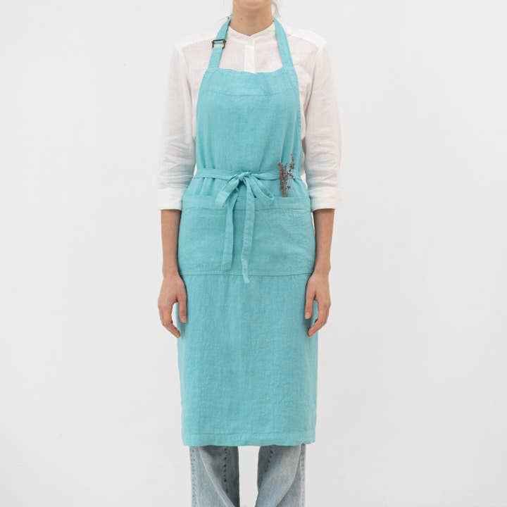 Coastal Blue Linen Chef Apron for wholesale by Linen Tales (We cover U.S. import duties)