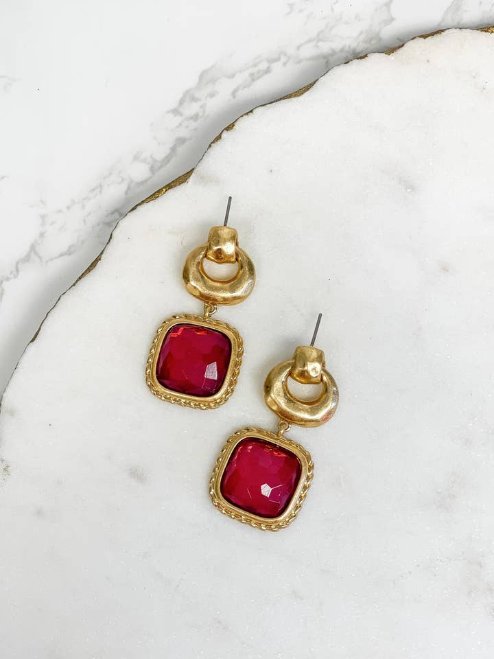 Golden Square Red Jewel Drop Earrings for wholesale by Prep Obsessed Wholesale