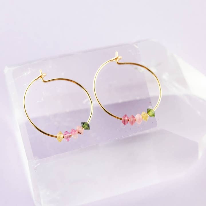 SoulKu - Wholesale Hoop Earrings - Rainbow Tourmaline Gold Hoop Earrings for Happiness