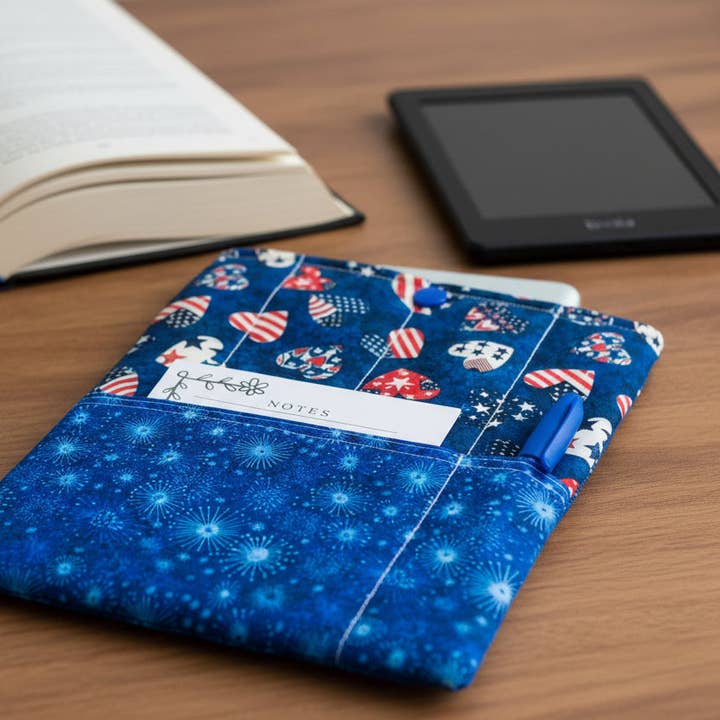Quilted Tablet Sleeve or Book Sleeve Snap Closure Exterior Pockets - Patriotic Hearts Collection - Handmade - Small - 7" x 9" - Kindle Cozy - iPad Mini Cozy - Book Cozy for wholesale by Ann Gregory Designs