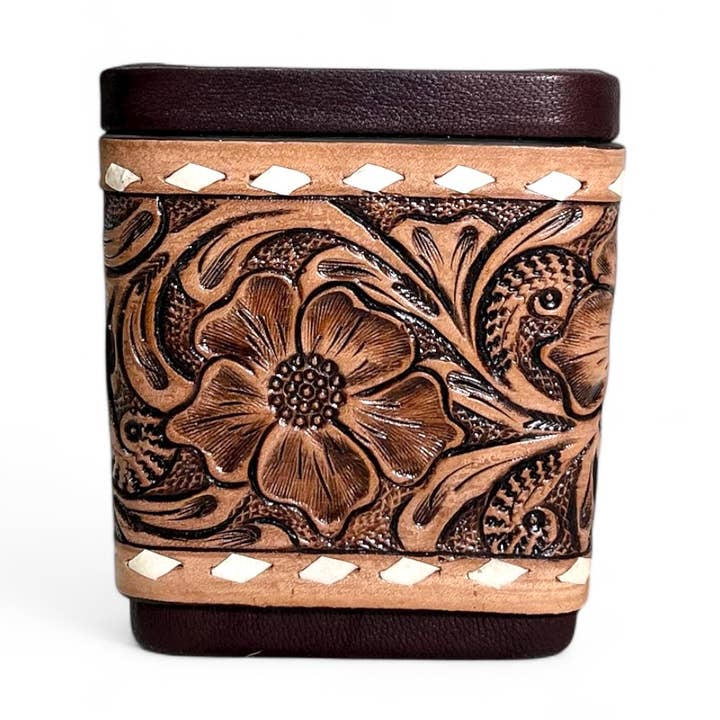 Square brown tooled leather pencil holder for wholesale by Western Linens