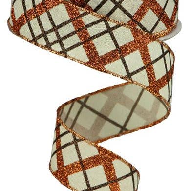 Waterman's Loft Inc. - Wholesale Ribbon - Gift Wrapping - 1.5"X10YD GLITTER DIAGONAL PLAID/ROYAL CREAM/COPPER/BROWN (I)