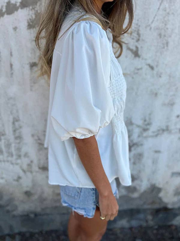 Sheer Trend – Großhandel Bluse – Damen – Lockere Übergröße Elastizität Falten Einfarbige Rundhals Blusen & Hemden Oberteile6