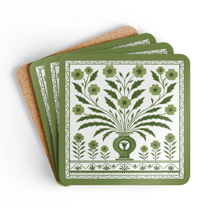 Green Floral Corkwood Coasters | Set of 4 for wholesale by Design Carolinas