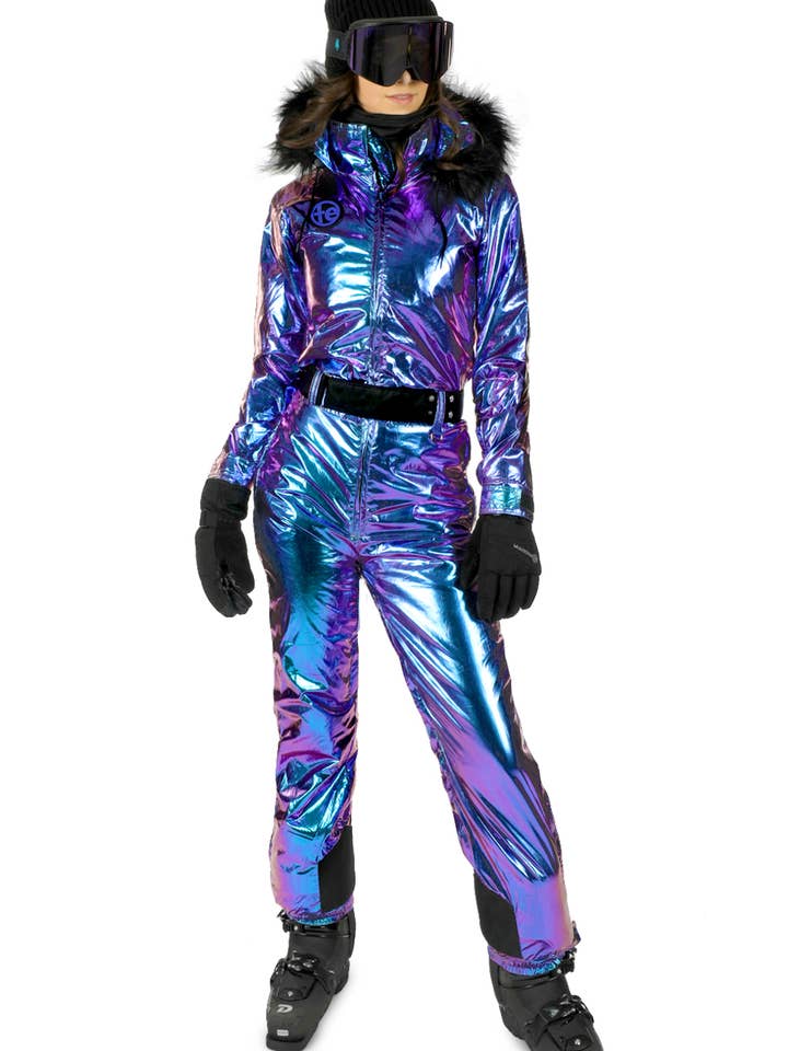Tuta da neve iridescente Iris - Tuta da sci da donna con bordo in pelliccia per la vendita all'ingrosso da parte di Tipsy Elves