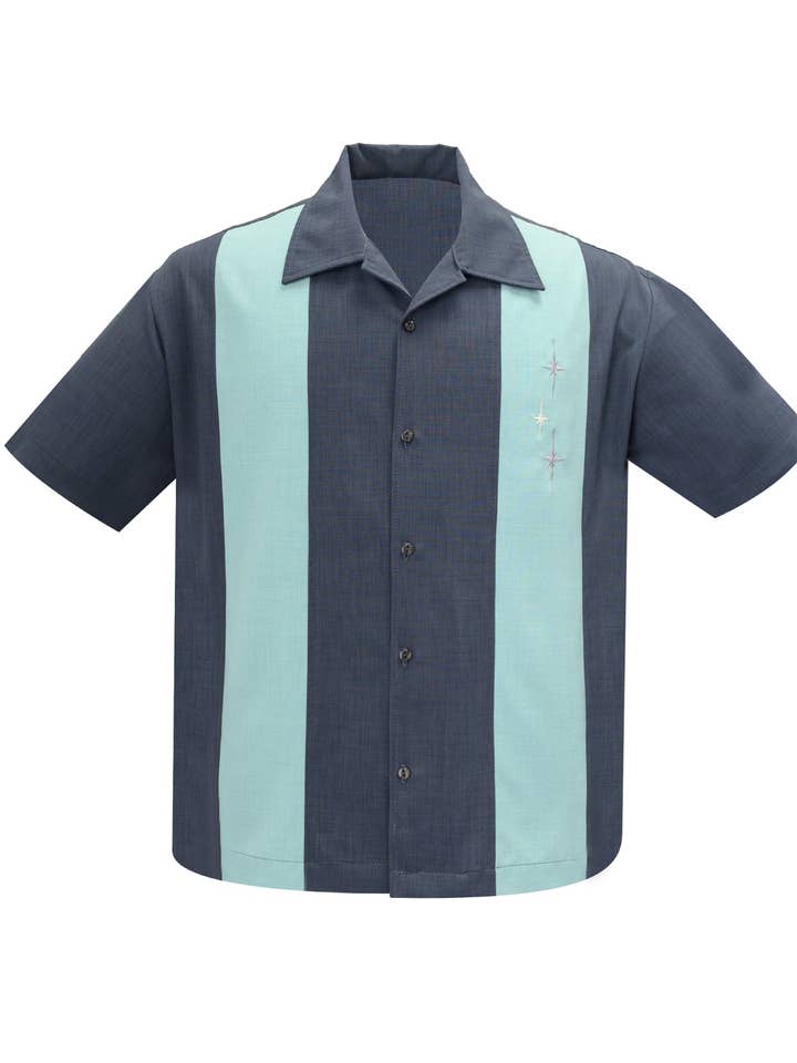 Three Star Panel Bowling Shirt in Charcoal for wholesale by Steady Clothing