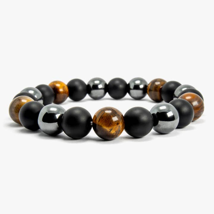 Power Trio: 10mm Tiger Eye, Onyx, and Hematite Bracelet for wholesale by Mana Gallery