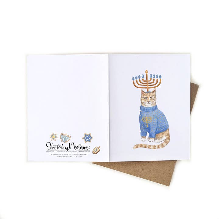 Sketchy Notions - Wholesale Hanukkah Card - Ugly Hanukkah Sweater Cat Card1