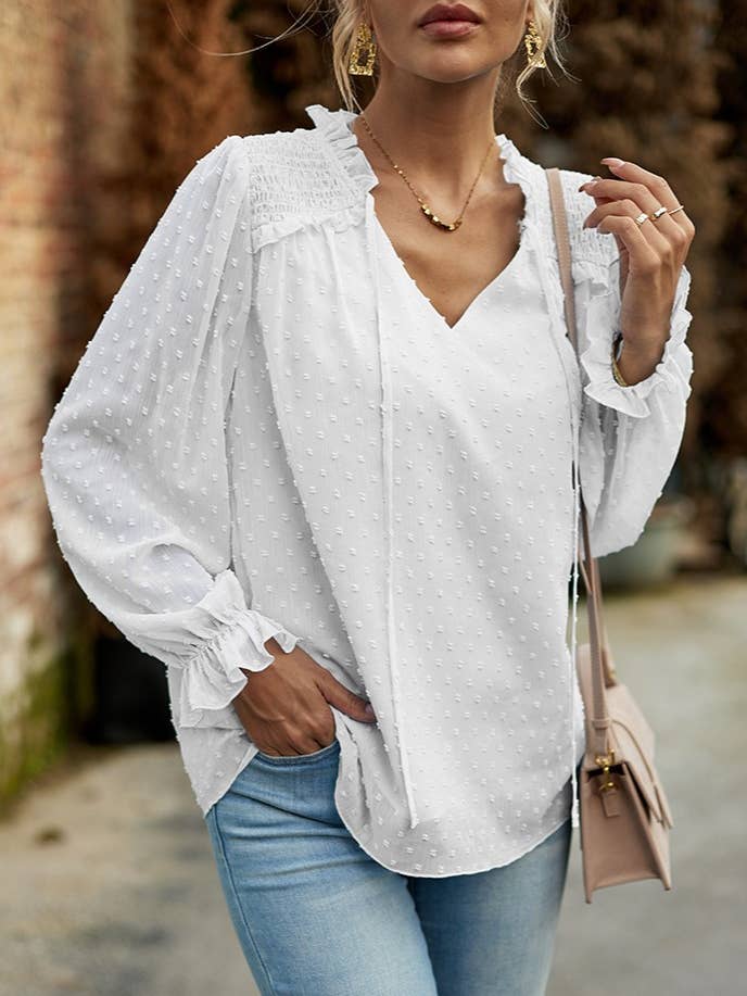 V-Neck Lace-Up Jacquard Tie-Up Long-Sleeved Shirt for wholesale by Rosa Clothing