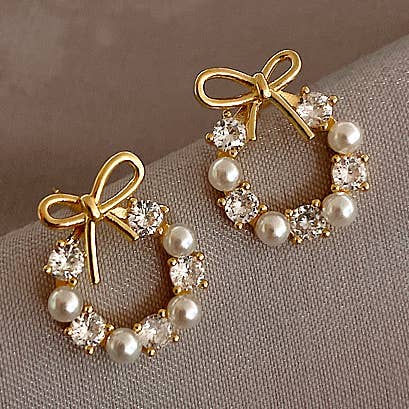 Sparkling Bow Pearl diamond Stud Earrings for wholesale by Little Trendy