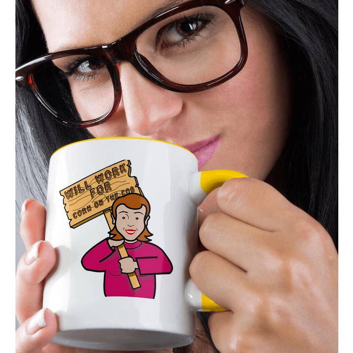 3dRose - Wholesale Coffee Mug - 3dRose, Funny Humorous Woman Girl With A Sign Will Work For Corn On The Cob, Mug1