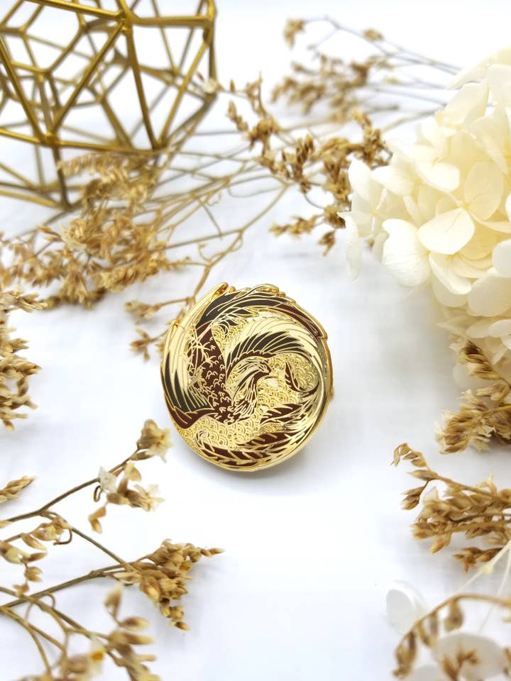 Chinese Phoenix Hard Enamel Pin for wholesale by Saiyre Illustration and Design