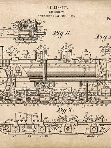 Stampa d'Arte del Brevetto della Locomotiva a Vapore per la vendita all'ingrosso da parte di Keep Calm Collection