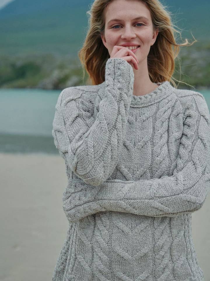 Listowel Ladies Aran Cabled Sweater - Oat for wholesale by Aran Woollen Mills