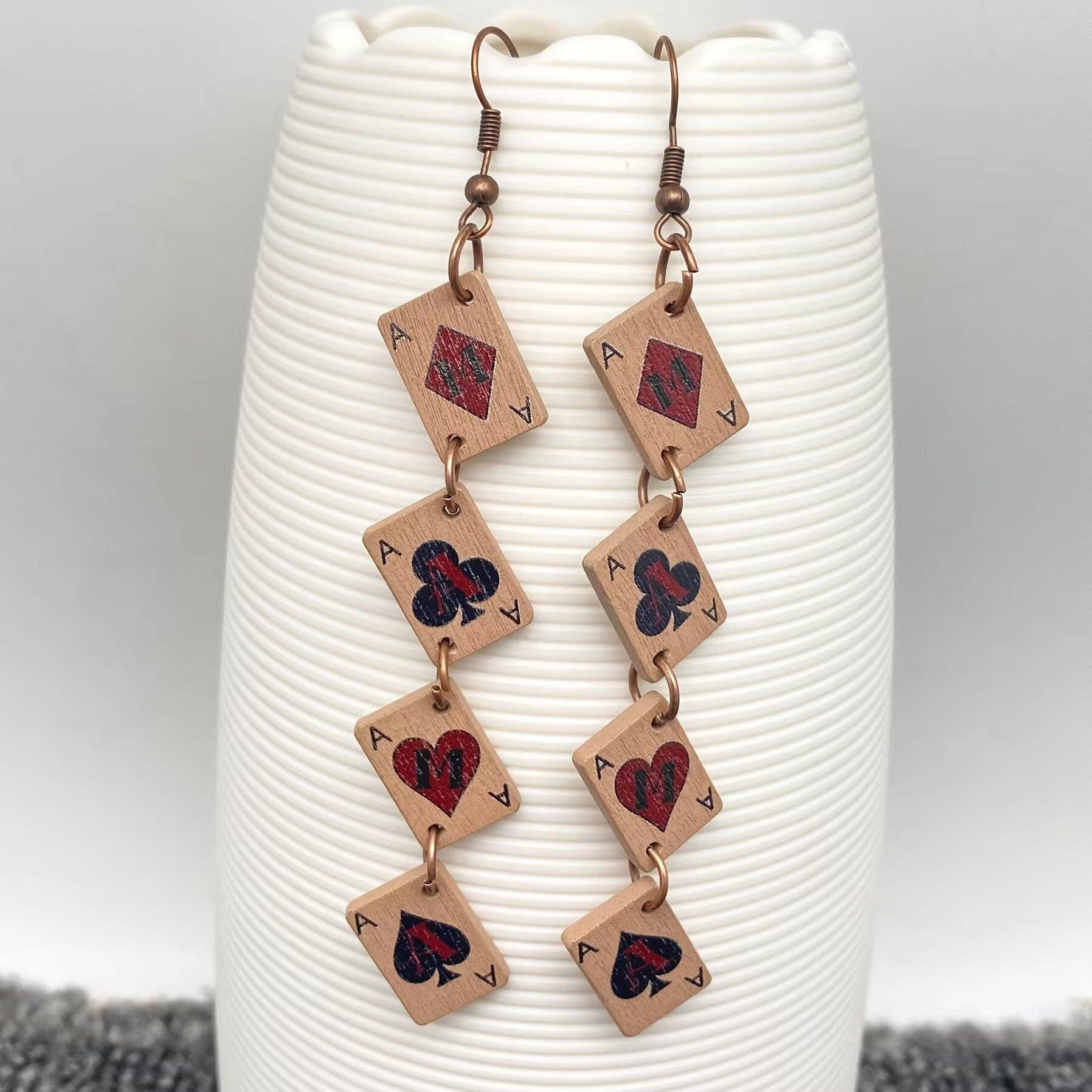 Mio Queena - Wholesale Dangle Earrings - MAMA Wooden Ace Poker Cards Linked Dangle Earrings0