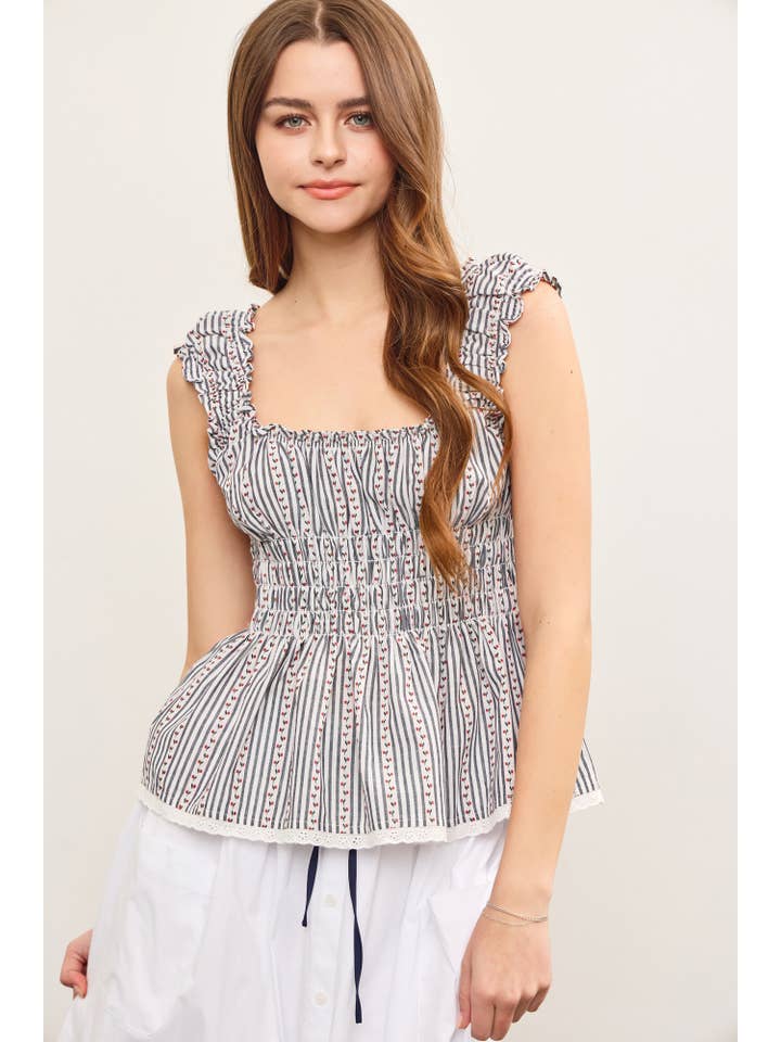 NIGHT BLUE ELASTIC RUFFLE SMOCKED WAIST SLEEVELESS PEPLUM TOP for wholesale on Faire