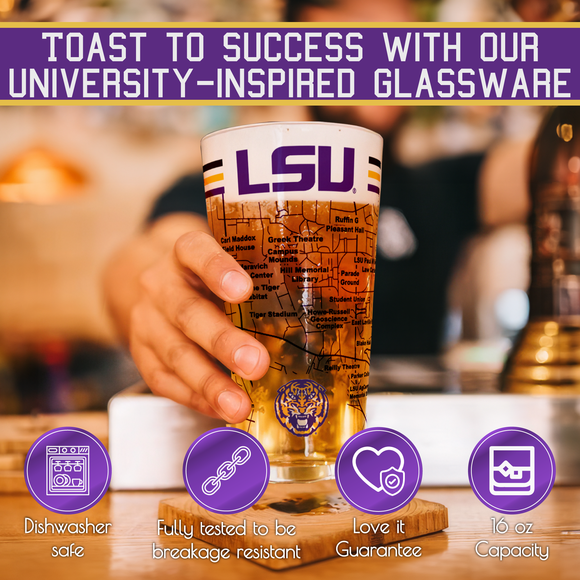 Greenline Goods - Wholesale Beer Glass/Mug - Louisiana State University Tigers College Pint Glasses - Full Color LSU Logo & Campus Map LSU Tiger Gift Idea College Grads and Alumni (Set of 2)4
