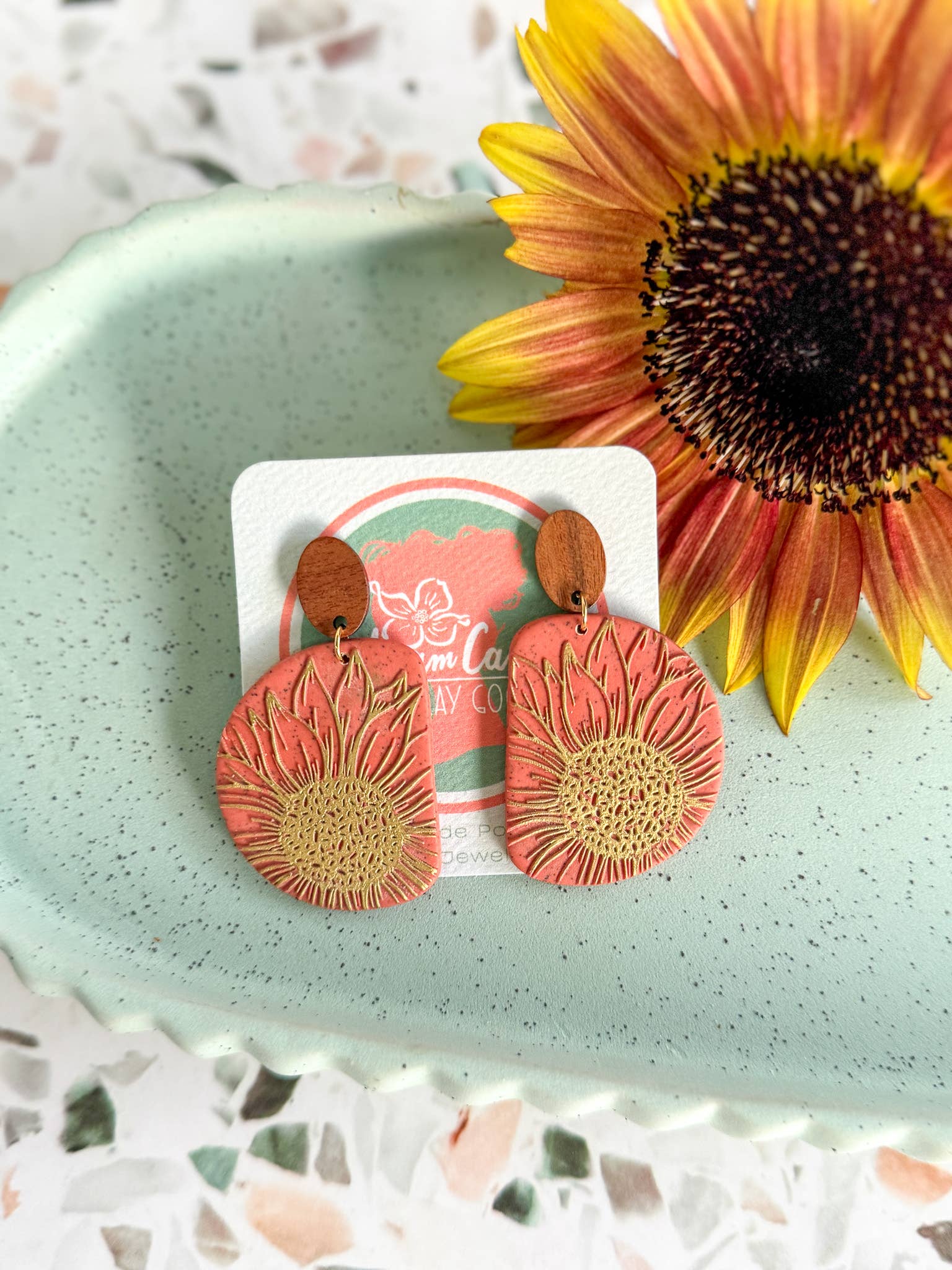 Anam Cara Clay Goods - Wholesale Dangle Earrings - Half Circle Sunflower Drops Polymer Clay EarringS7