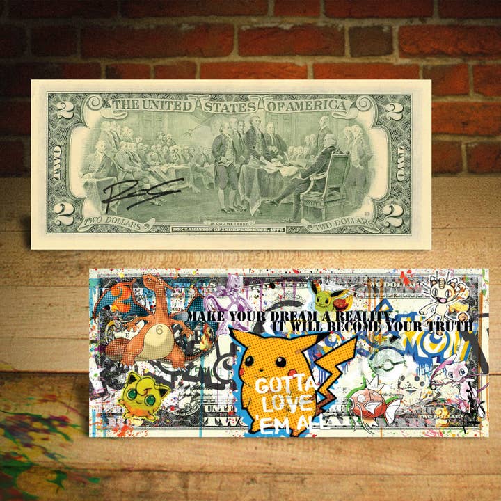 Pokeman Pop Art Genuine 2 Dollar Bill Signed By Rency - Ships Fast. Free To Us for wholesale by The Merrick Mint