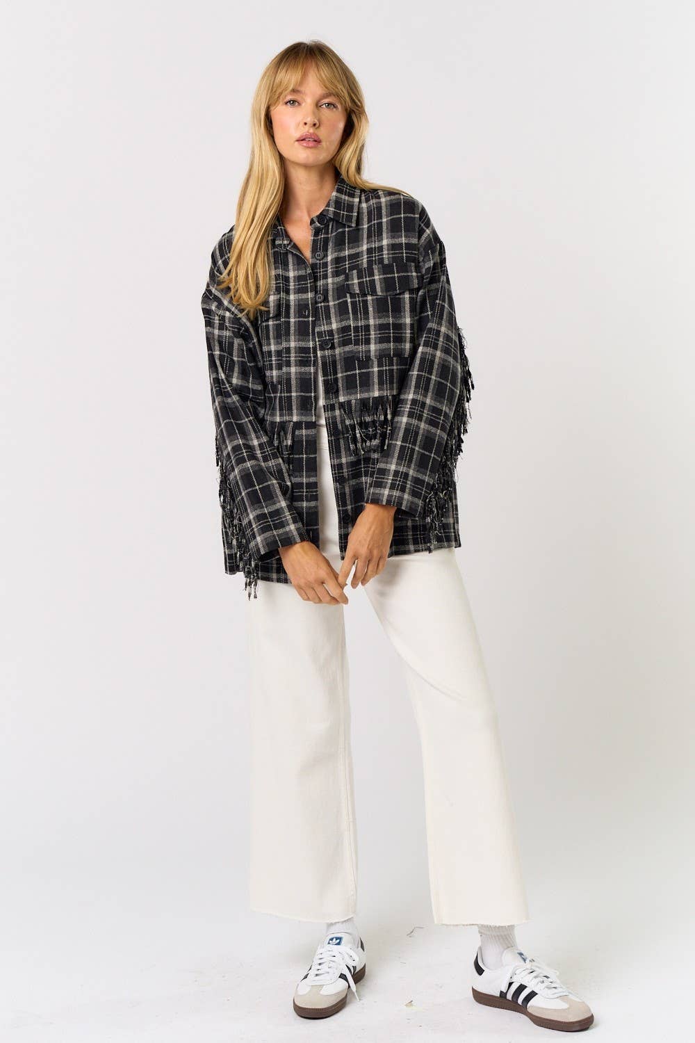 Lalavon - Wholesale Button Down Shirt - Women's - ILT1505 Plaid button up w/ fringe detail3