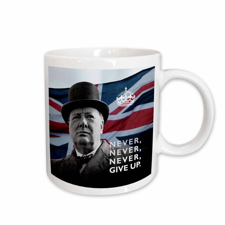 3dRose - Wholesale Coffee Mug - 15oz Mug Winston Churchill- Never Give Up Quotation over Uni