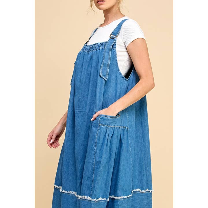 Veveret - Wholesale Dress - Women's - Washed Denim Overalls Dress